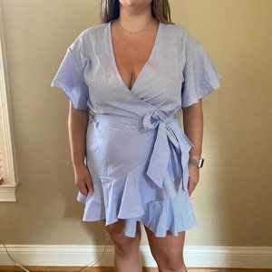 Blue and white pinstripe wrap dress